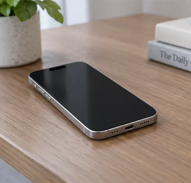 iPhone appoggiato scollegato su una scrivania di legno all'ombra per farlo raffreddare.
