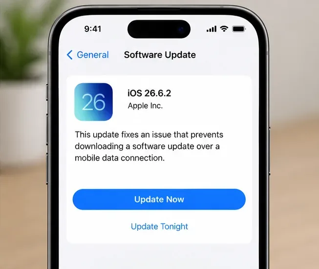 Schermata di aggiornamento software dell'iPhone che mostra iOS 26.6.2 e un pulsante "Aggiorna ora".