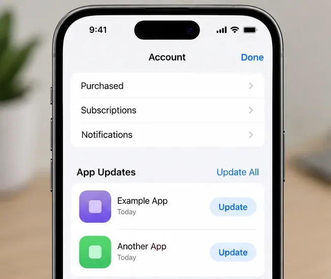 Schermata dell'account App Store che mostra una sezione Aggiornamenti app con pulsanti di aggiornamento.