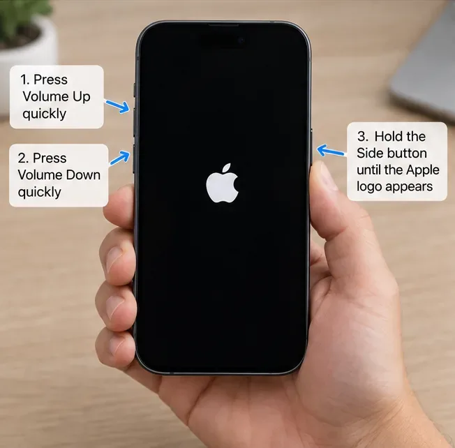 Sequenza di riavvio forzato che mostra i pulsanti Volume su, Volume giù e laterale su un iPhone