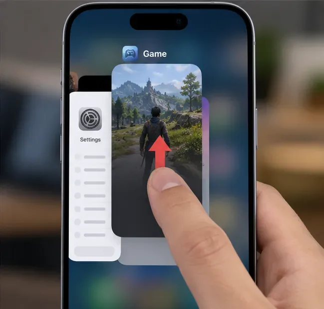 Selettore di app per iPhone con una scheda di gioco che viene trascinata verso l'alto per chiudersi
