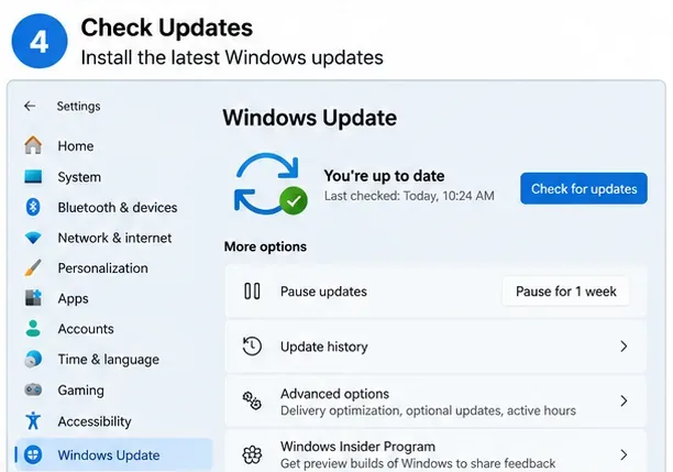 Windows Updateの設定ページで、「更新プログラムの確認」ボタンと更新履歴オプションが表示されている状態。