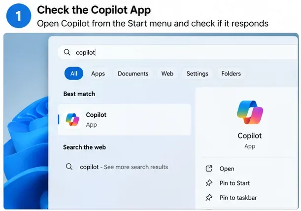 Windowsの検索結果にCopilotアプリが表示され、「開く」コマンドとアプリをピン留めするオプションが表示されます。