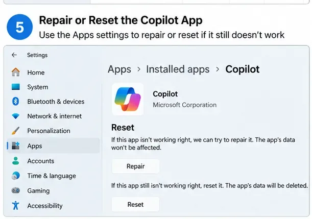 Windowsにインストールされているアプリの詳細オプションで、Copilotの修復とリセットのコントロールが個別に表示されます。
