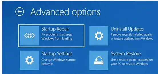 Windows回復環境の詳細オプション画面には、スタートアップ修復、更新プログラムのアンインストール、スタートアップ設定、およびシステムの復元が表示されます。