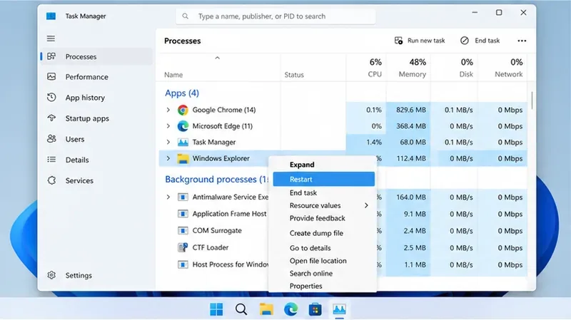 タスクマネージャーでWindowsエクスプローラーが選択され、「再起動」コマンドがハイライト表示されている状態。