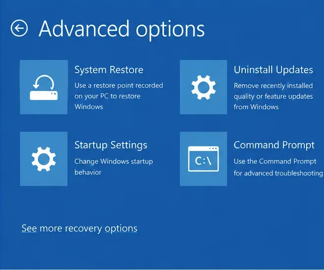 Windows回復環境の詳細オプション画面には、システムの復元、更新プログラムのアンインストール、スタートアップ設定、コマンドプロンプトが表示されます。