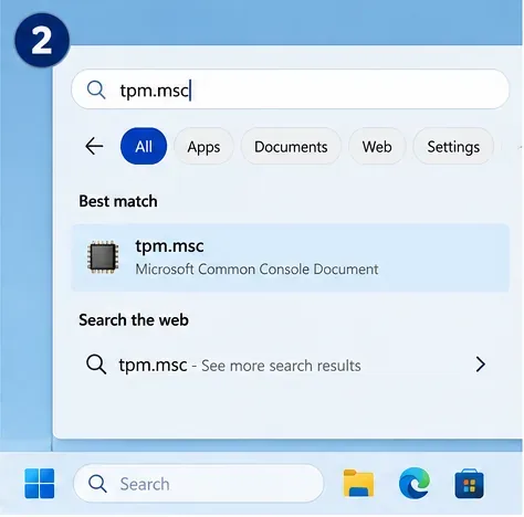 Windows 11の検索インターフェースに「tpm.msc」と入力すると、TPM管理コンソールが最適な検索結果として表示されます。