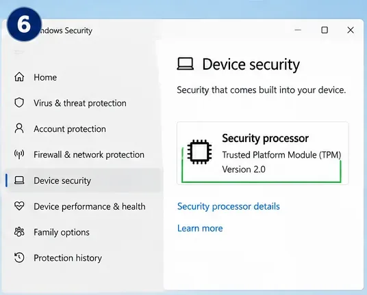 Windowsセキュリティデバイスのセキュリティページに、トラステッドプラットフォームモジュール(TPM)バージョン2.0用のセキュリティプロセッサカードが表示されています。