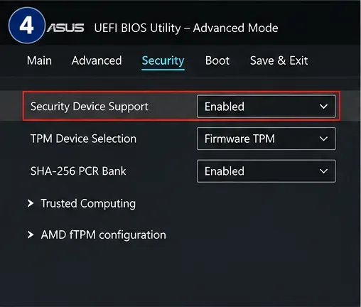 ASUSスタイルのUEFIファームウェア画面。セキュリティデバイスサポートが有効になっており、信頼できるコンピューティング設定の下にファームウェアTPMの選択項目が表示されています。