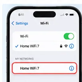 iPhoneで保存されたWi-Fiネットワークの詳細を開いていることを示すAI生成イラスト
