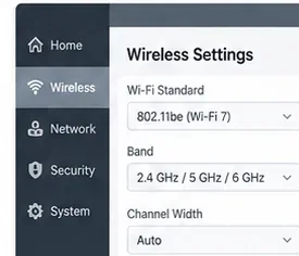 Wi-Fi 7バンドとチャンネル幅のための汎用ルーターワイヤレス設定のAI生成イラスト