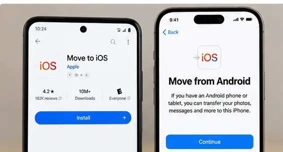 Android上の「iOSへ移行」とiPhone上の「Androidから移行」画面を並べたAI生成イラスト