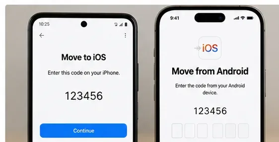 AndroidスマートフォンとiPhoneが「iOSへ移行」の数字コードでペアリングしているAI生成イラスト