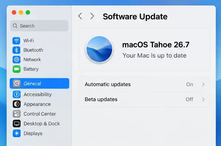 Software Update style window on an Intel Mac showing macOS Tahoe 26.7, an up-to-date message, and no macOS 27 offer.