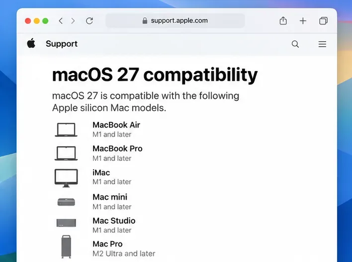 Browser-style compatibility page listing Apple silicon Mac families under a macOS 27 heading, with no Intel Mac in the illustration.
