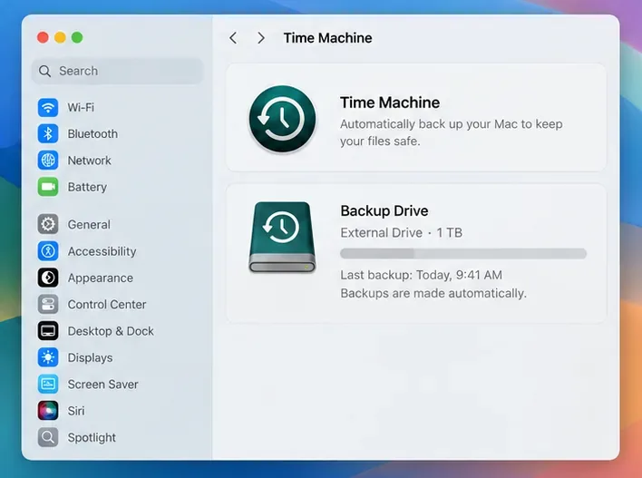 Time Machine style settings window showing an external backup drive and a last-backup status.