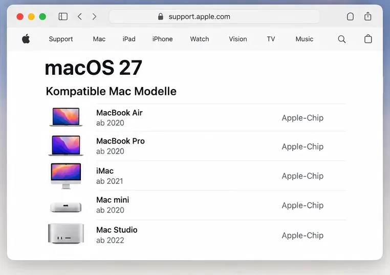 Eine schematische Apple-Supportliste für macOS 27 führt unterstützte Mac-Modelle mit Apple-Chip auf.
