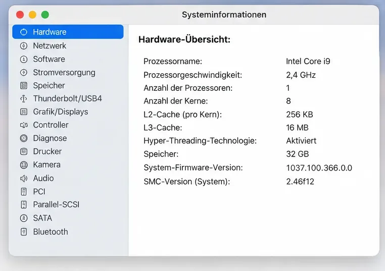 In den Systeminformationen ist unter Hardware ein Intel Core i9 als Prozessorname aufgeführt.