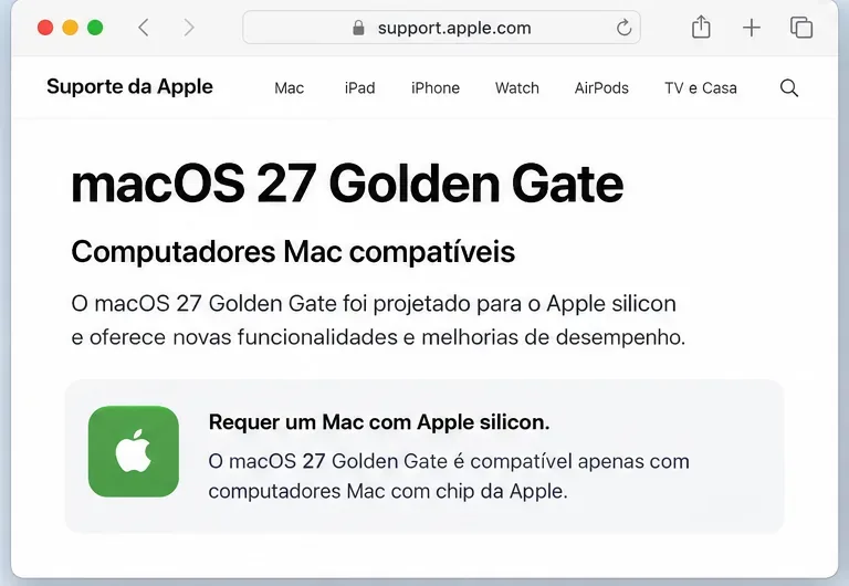 Janela de navegador com a indicação visual de que o macOS 27 requer um Mac com Apple silicon.