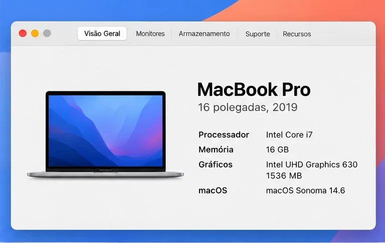 Janela Sobre Este Mac exibindo um MacBook Pro de 16 polegadas de 2019 e o processador Intel Core i7.