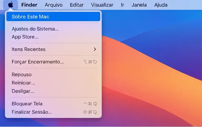 Menu Apple aberto com a opção Sobre Este Mac selecionada.