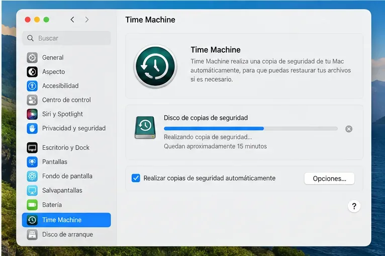 Panel orientativo de Time Machine en Ajustes del Sistema con una copia de seguridad en curso.