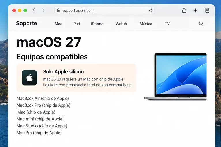 Página orientativa de soporte de Apple con una lista de equipos compatibles con macOS 27 y una indicación de Apple silicon.