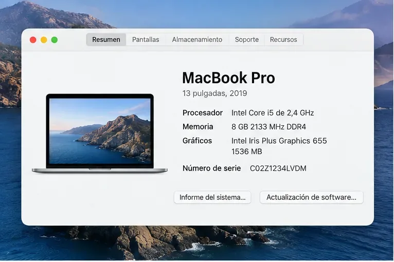 Ventana orientativa de Acerca de este Mac mostrando un MacBook Pro con un procesador Intel Core i5.