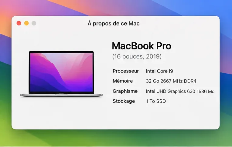 Exemple illustratif de la fenêtre « À propos de ce Mac » affichant un MacBook Pro de 2019 et un processeur Intel Core i9.