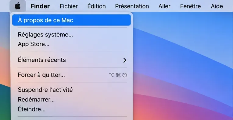 Dans le menu Apple, l’option « À propos de ce Mac » est sélectionnée.