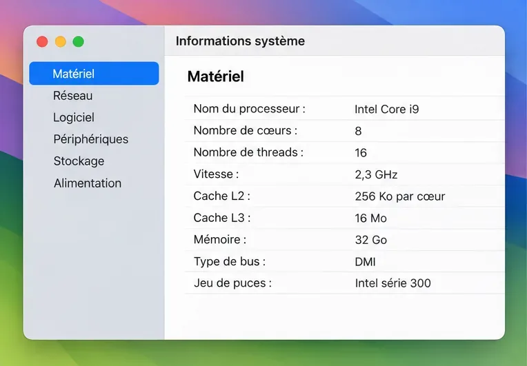 Dans Informations système, la rubrique Matériel montre un processeur Intel Core i9.