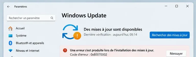 Fenêtre Windows Update montrant un échec d’installation et un code d’erreur à relever avant le dépannage