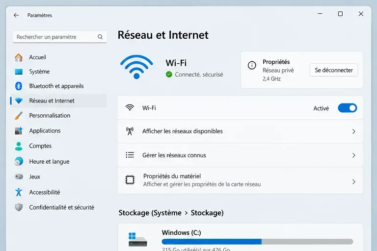 Paramètres Windows 11 montrant la connexion Wi-Fi et l’espace utilisé du disque système