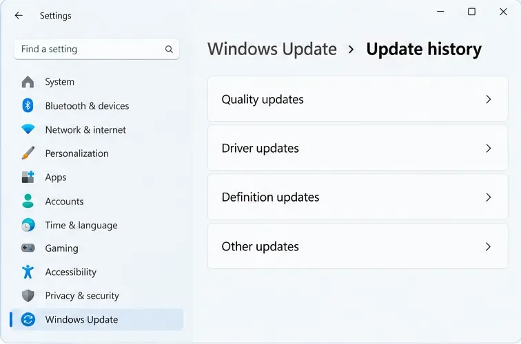 Windows 11 Update history page showing the Quality updates, Driver updates, Definition updates, and Other updates categories