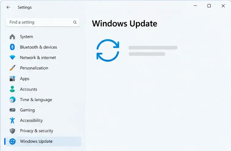 Windows 11 Settings window with Windows Update selected in the left navigation and the Windows Update heading in the main pane
