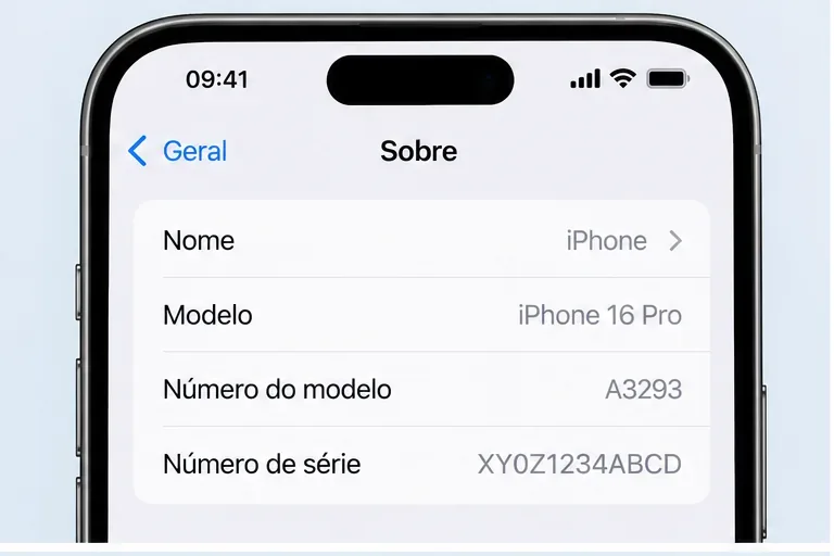 Tela ilustrativa de Ajustes mostrando a seção Sobre e o modelo iPhone 16 Pro