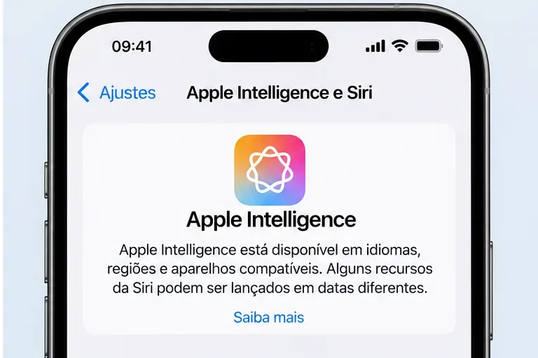 Tela ilustrativa de Apple Intelligence e Siri destacando que a disponibilidade varia por idioma, região e aparelho