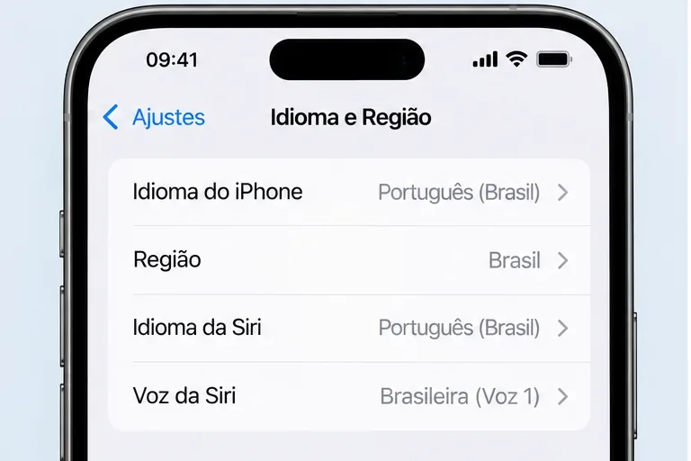Tela ilustrativa de Idioma e Região com Português Brasil e idioma da Siri em Português Brasil