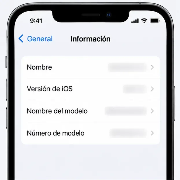 Pantalla orientativa de Información del iPhone con las filas de nombre, versión de iOS y modelo; los valores están ocultos.