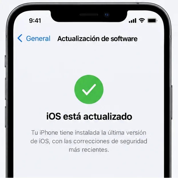 Pantalla orientativa de Actualización de software con un símbolo de verificación y el mensaje de que iOS está actualizado.