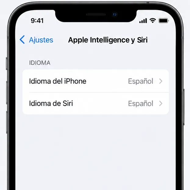 Menú orientativo de Apple Intelligence y Siri que muestra Español tanto para el idioma del iPhone como para el idioma de Siri.