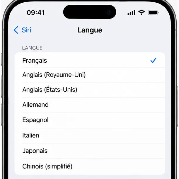 Liste des langues de Siri avec Français sélectionné et plusieurs autres langues visibles.