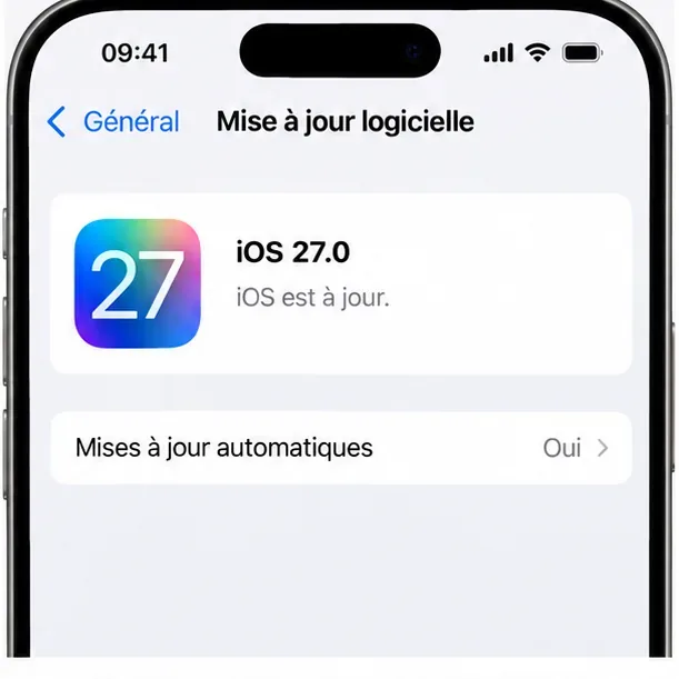 Écran Mise à jour logicielle montrant iOS 27.0 et un état à jour.