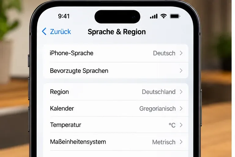 Schematische iPhone-Seite Sprache und Region mit Deutsch als iPhone-Sprache und Deutschland als Region.