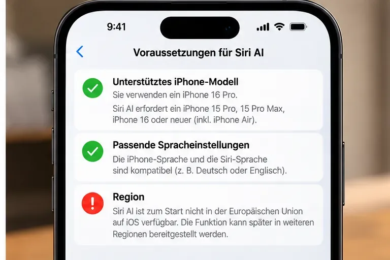 Schematische Checkliste auf einem iPhone mit unterstütztem Modell und passenden Sprachen, aber einem roten Hinweis auf die fehlende Siri-AI-Verfügbarkeit in der EU.