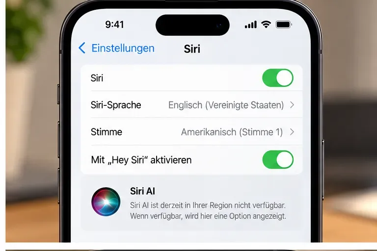 Schematische Siri-Einstellung auf dem iPhone mit aktivierter Siri-Funktion und Englisch als Siri-Sprache sowie einem Hinweis auf regionale Nichtverfügbarkeit.