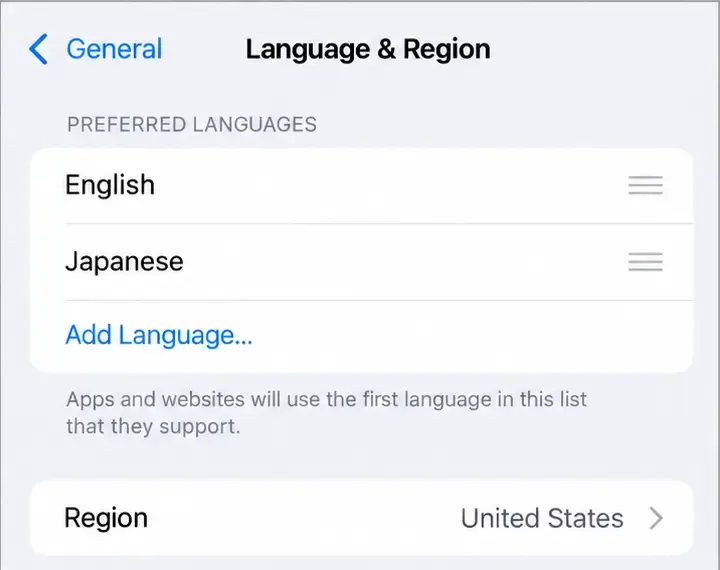 The Language & Region settings page showing preferred languages and a separate Region row