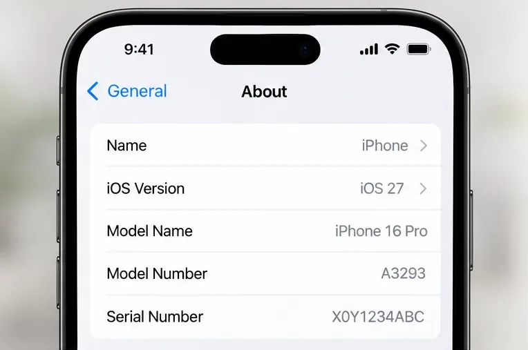 Illustrative iPhone About screen showing iOS 27 and an iPhone 16 Pro model name