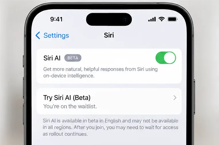 Illustrative Siri settings screen showing Siri AI beta and a waitlist message